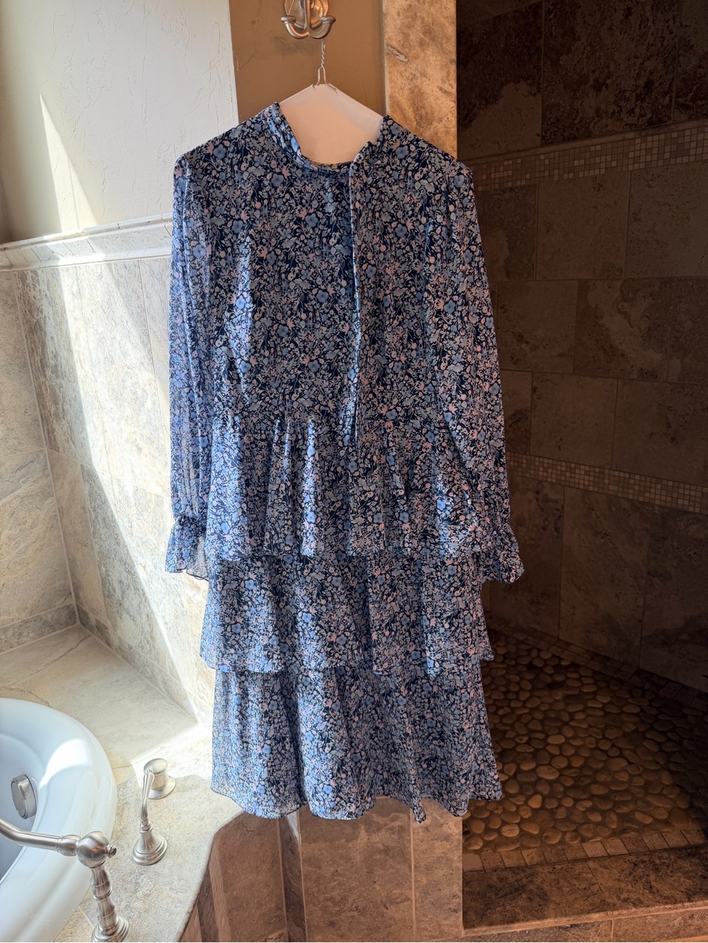 Mikael Aghal Blue Floral Tiered Long-Sleeve Dress with Ruffle Tiers